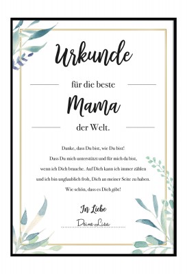 Urkunde für die beste Mama - Personalisiertes Poster - Geschenk zum Muttertag 