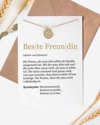 Kette für beste Freundin - Vergoldete Kette mit eingraviertem Herz - Karte mit Definition Beste Freundin